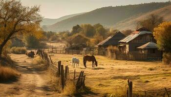 tranquilo outono Prado, vacas pastando, montanha pano de fundo gerado de ai foto