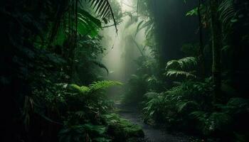 uma assustador névoa mortalhas a misterioso floresta gerado de ai foto
