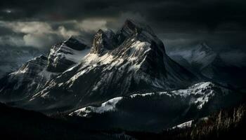 majestoso montanha faixa, Nevado pico, tranquilo cena gerado de ai foto
