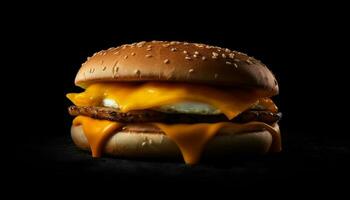 grelhado carne hamburguer com queijo cheddar e fritas gerado de ai foto