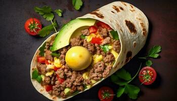 grelhado carne taco prato com fresco guacamole gerado de ai foto