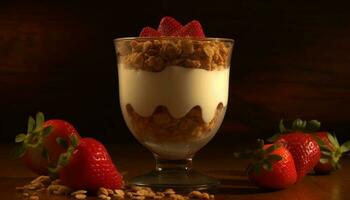 uma gourmet parfait fresco bagas, iogurte, granola gerado de ai foto