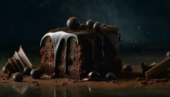 indulgente caseiro chocolate bolo, uma doce celebração gerado de ai foto