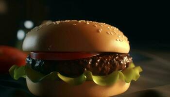 grelhado Hamburguer de queijo em sésamo pão com fritas gerado de ai foto