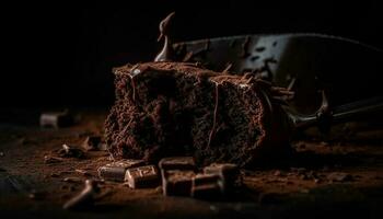 indulgente caseiro Sombrio chocolate Brownie em rústico mesa gerado de ai foto