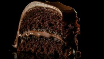 indulgente chocolate bolo fatiar, cozido para perfeição gerado de ai foto