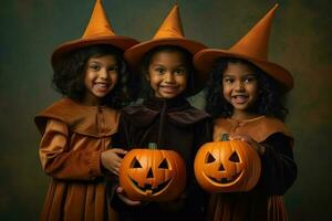 a ilustração do crianças vestindo uma dia das Bruxas traje , ai gerado foto