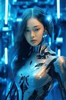 ilustração do uma cyborg mulher e ai tecnologia fundo , ai gerado foto