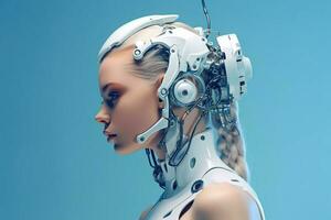 ilustração do uma cyborg mulher e ai tecnologia fundo , ai gerado foto