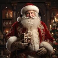 ilustração do uma santa claus com uma Natal fundo, ai gerado foto