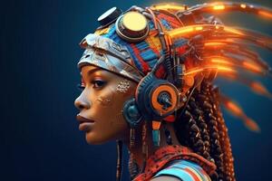 ilustração do uma cyborg mulher e ai tecnologia fundo , ai gerado foto