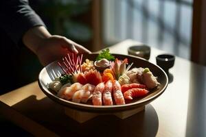 uma pessoa segurando uma sashimi prato com camarão e legumes em isto dentro uma japonês restaurante foto