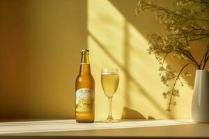 uma fechar-se tiro do uma vidro do dourado Cerveja e uma garrafa, dentro uma amarelo cozinha foto