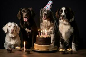 uma aniversário celebração com quatro feliz cachorros vestindo colorida festa chapéus e sentado por aí decorado bolos com aceso velas foto