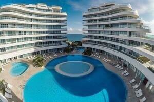 uma moderno natação piscina cercado de dois luxo hotel edifícios às a de praia foto