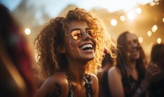 mulheres rindo e tendo uma Boa Tempo às uma show às uma música festival. ai gerado foto