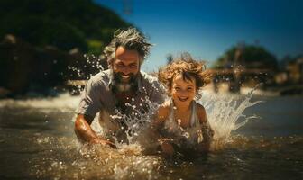 Senior homem e uma criança jogando e espirrando com água em uma de praia dentro verão. ai gerado foto