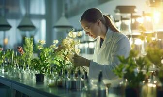 agrônomo biólogo mulher crescendo verde plantas dentro laboratório. ai gerado foto