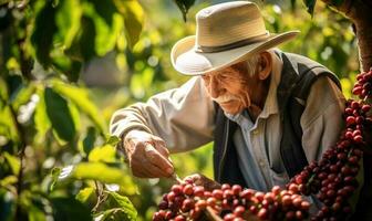 velho homem colheita café a partir de uma café plantação. ai gerado foto