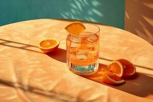 uma cristal Claro vidro do refrescante spritz coquetel em topo do uma de madeira mesa preenchidas com fresco laranja fatias, verão refresco foto