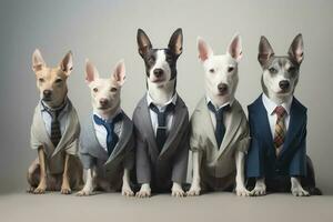 uma grupo do cachorros vestindo formal o negócio vestuário ternos sentado e posando dentro frente do uma profissional Câmera foto