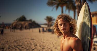 surfista posando dentro frente do dele furgão com uma prancha de surfe dentro dele mãos perto a de praia. ai gerado foto