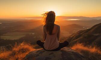 calma mulher sentado em a topo e meditando às pôr do sol tempo. alívio estresse, retiro e saudável mentes. ai gerado foto