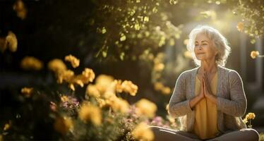 calma velho mulher com fechadas olhos durante ioga meditação. ai gerado foto