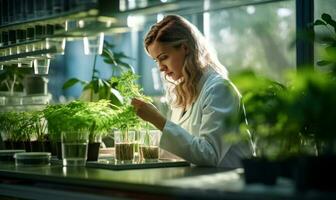 agrônomo biólogo mulher crescendo verde plantas dentro laboratório. ai gerado foto