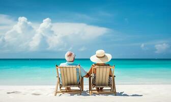 aposentado viajando casal em repouso juntos em Sol espreguiçadeiras durante de praia Férias em uma tropical ilha. ai gerado foto