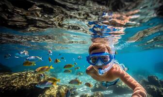 Garoto snorkeling dentro uma transparente oceano assistindo colorida peixe. ai gerado foto