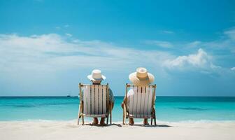 aposentado viajando casal em repouso juntos em Sol espreguiçadeiras durante de praia Férias em uma tropical ilha. ai gerado foto