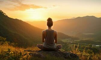 calma mulher sentado em a topo e meditando às pôr do sol tempo. alívio estresse, retiro e saudável mentes. ai gerado foto