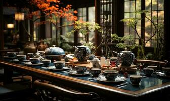 japonês restaurante. mesas dentro uma clássico estilo tradicional japonês estilo restaurante. ai gerado foto