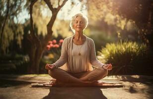 calma velho mulher com fechadas olhos durante ioga meditação. ai gerado foto