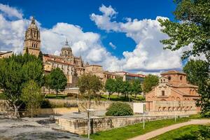 Visão do a velho cidade, a patim parque Próximo para a histórico santiago del arrabal Igreja e a salamanca catedral dentro uma lindo cedo Primavera dia foto