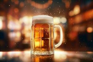 espumoso Cerveja dentro ampla vidro caneca carrinhos dentro local Barra em oktoberfest, ai gerado foto