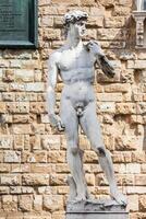 réplica do estátua do david de a italiano artista Michelangelo colocada às a praça della signoria dentro Florença em 1910 foto