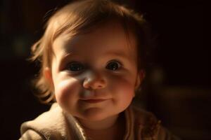 ai generativo retrato do uma fofa pequeno bebê às casa dentro a tarde foto