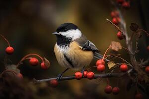 ai generativo fofa pequeno chickadee pássaro sentado em uma ramo dentro Primavera foto