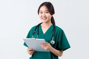 ai generativo retrato do uma sorridente fêmea enfermeira com estetoscópio e prancheta foto