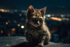 ai generativo fofa pequeno gatinho com azul olhos olhando às a cidade às noite foto