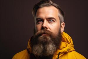 ai generativo retrato do uma bonito homem dentro uma amarelo Jaqueta com grandes barba e bigode em Castanho fundo foto