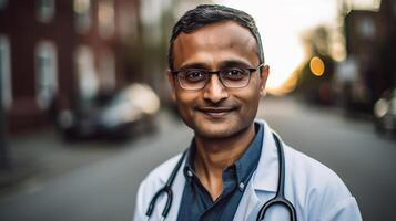 ai generativo retrato do médico em pé dentro corredor às hospital. médico olhando às Câmera. foto