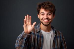 ai generativo retrato do uma feliz jovem homem acenando mão isolado sobre cinzento fundo foto