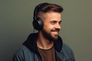 ai generativo retrato do uma sorridente jovem homem dentro fones de ouvido ouvindo para música foto