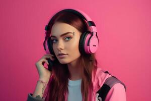 ai generativo lindo jovem mulher com fones de ouvido ouvindo para música em uma Rosa fundo foto