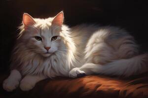 ai generativo branco gato com verde olhos dentro uma Sombrio sala. digital pintura foto