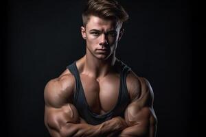 ai generativo bonito jovem homem com muscular corpo posando dentro estúdio em Sombrio fundo foto