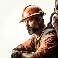 retrato do uma barbudo trabalhador vestindo laranja capacete de segurança e segurança óculos ilustração ai generativo foto
